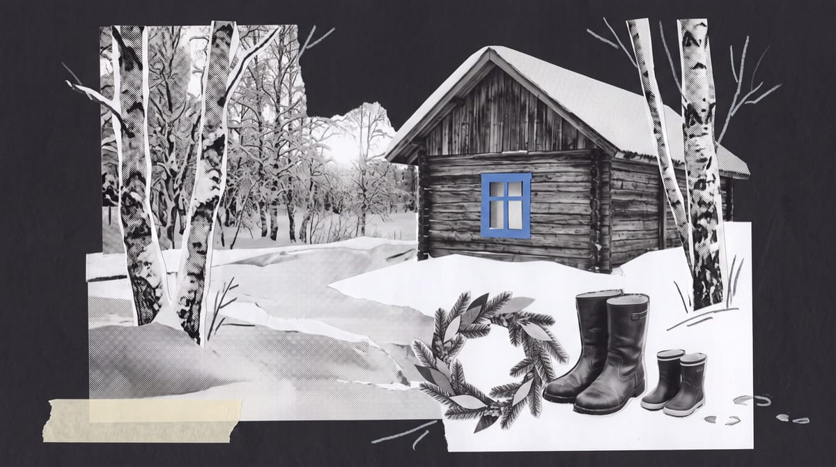 Paper collage of a lone wooden house in deep snow among birch trees, its window lit blue, with a spruce wreath and a large and a small pair of boots in front.