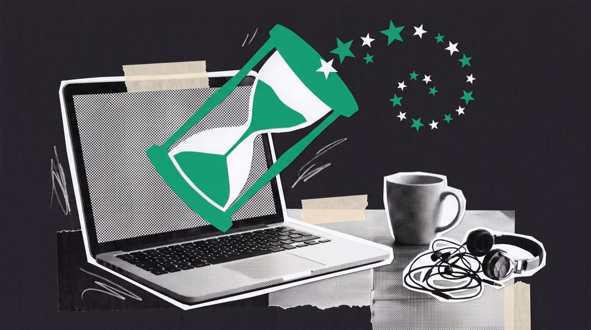 Paper collage of an open laptop on a kitchen table at night beside a mug and headphones, with a green paper hourglass rising from the screen trailing paper stars.