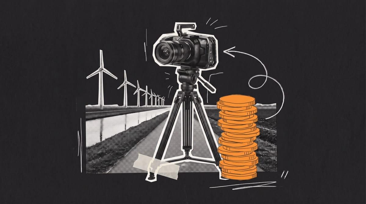 Paper collage of a film camera on a tripod on a flat polder road, with wind turbines and a canal behind it and a stack of orange paper coins beside it.