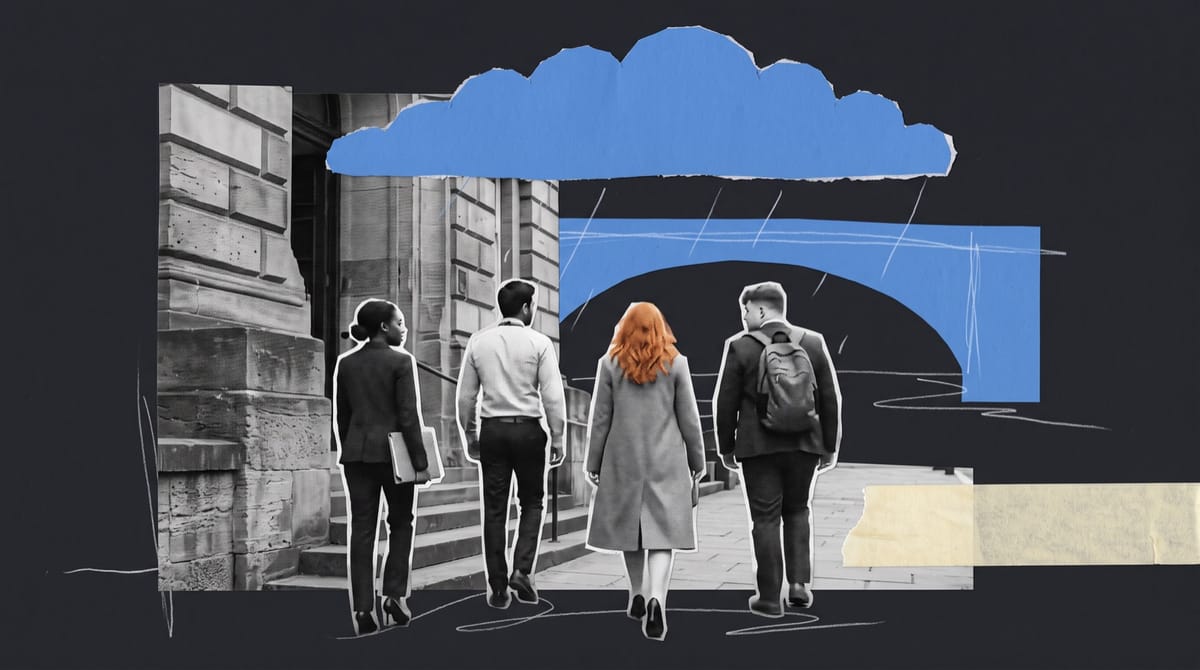Collage of four young lawyers seen from behind climbing the steps of a sandstone building, under a blue paper rain cloud and the arch of a river bridge.