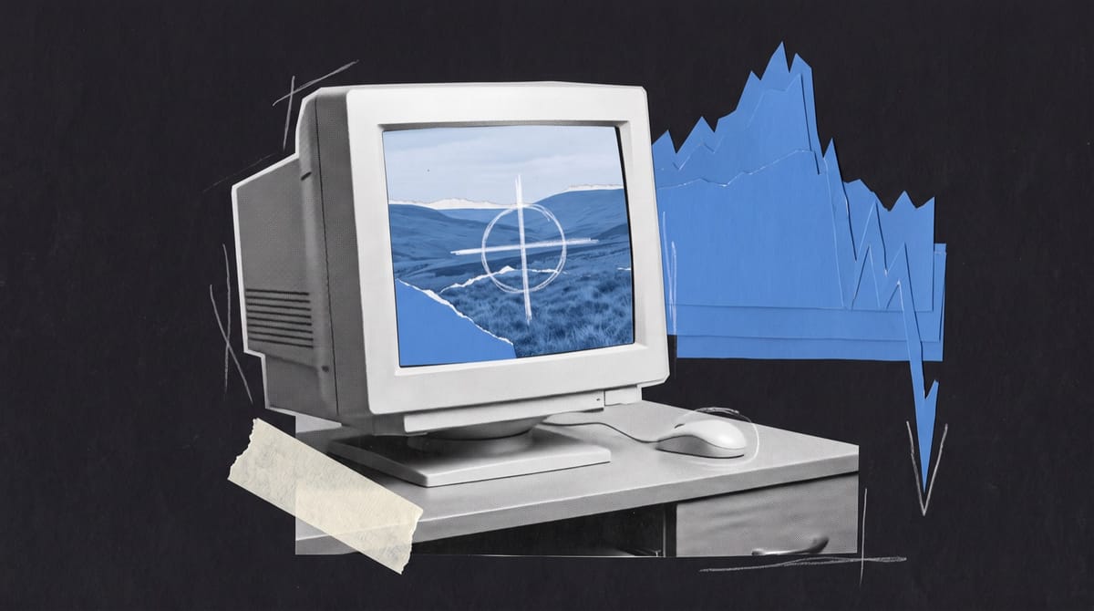 Collage of an old beige desktop computer whose screen shows blue paper moorland under a white pencil crosshair, with blue chart lines rising and crashing behind it.