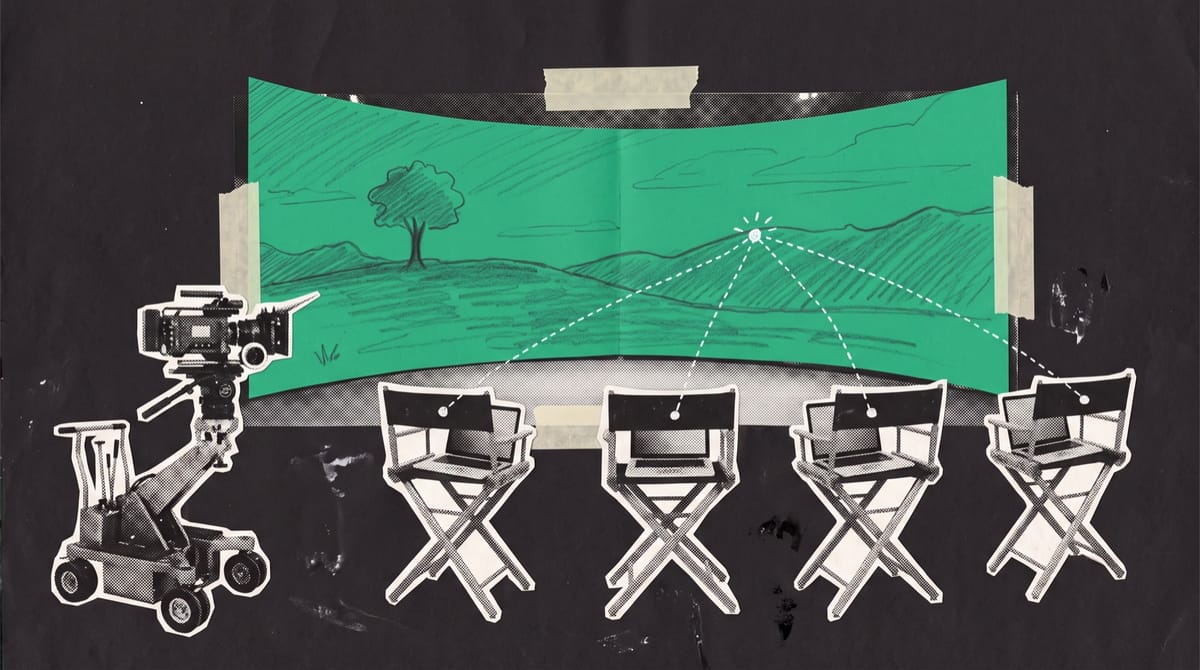 Collage of a film stage with a curved LED wall showing green paper hills, a camera on a dolly, and five empty director's chairs each holding an open laptop.