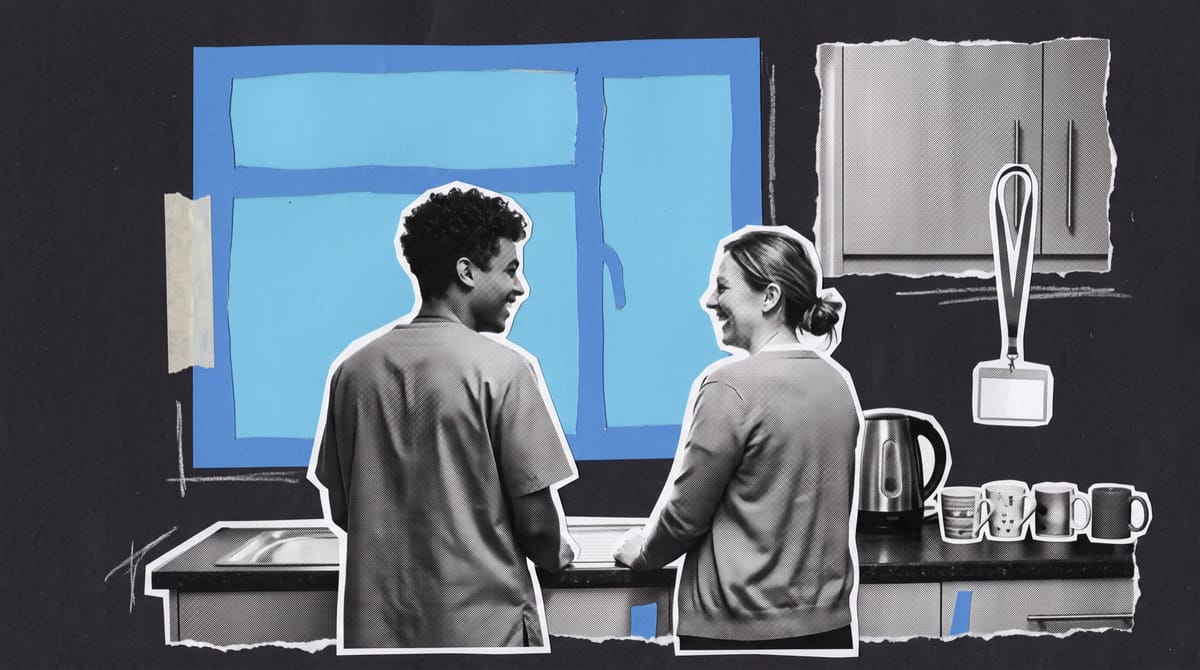 Collage of a care home staff kitchen with a kettle, mismatched mugs and a lanyard, two colleagues laughing at the counter beneath a large blue paper window.