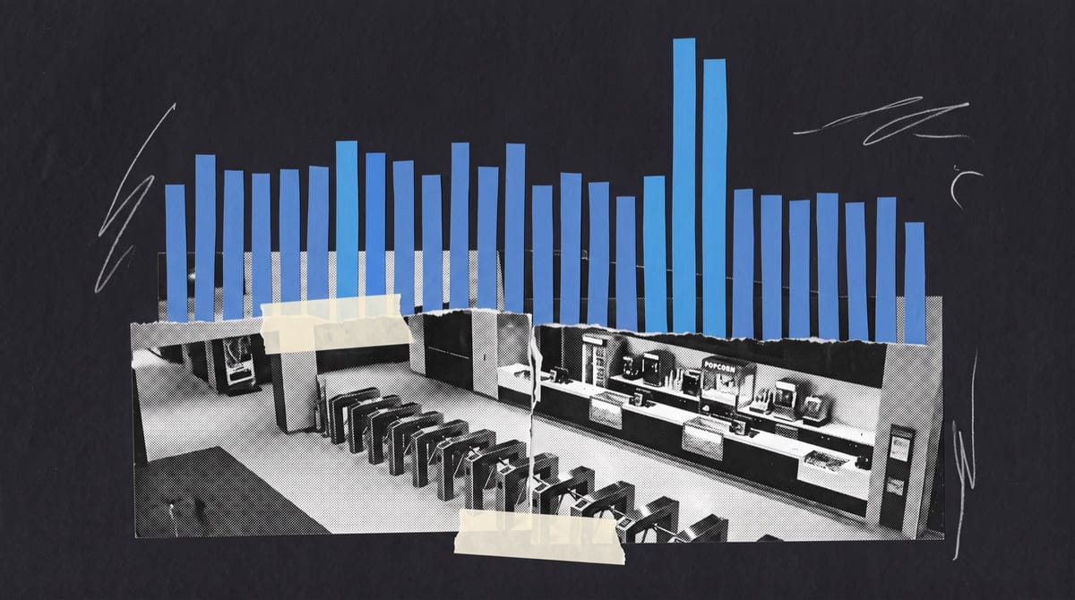 Paper collage of a black-and-white multiplex cinema foyer with turnstiles and a popcorn counter, beneath a hand-cut blue bar chart where one bright bar stands tallest.