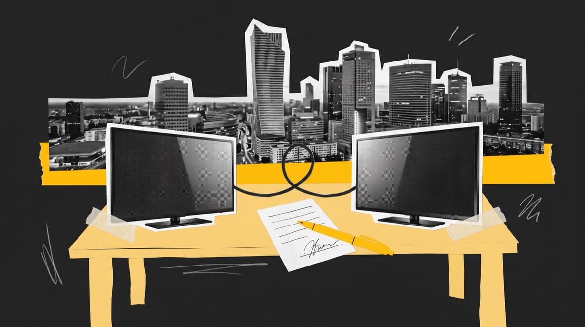 Collage of the Warsaw skyline at dusk behind two televisions on a long table, linked by a looping cable, with a yellow paper pen on a signed contract between them.