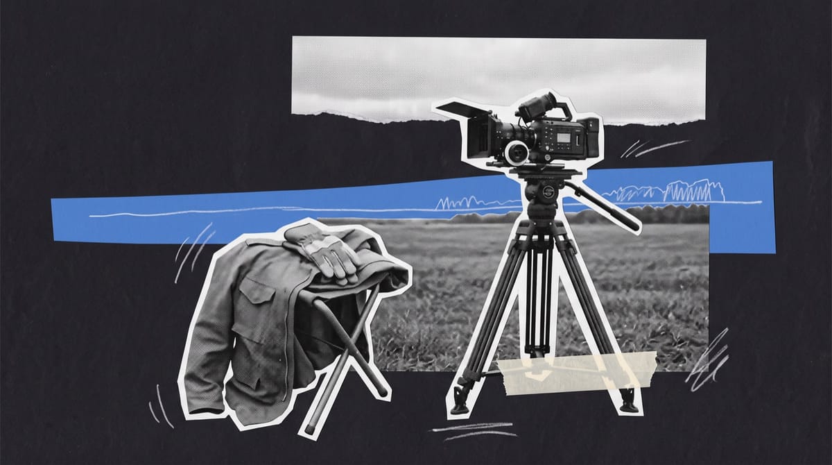 Collage of a cinema camera on a tripod in an open field, beside a camping stool holding a folded jacket and work gloves, with a blue paper horizon behind.