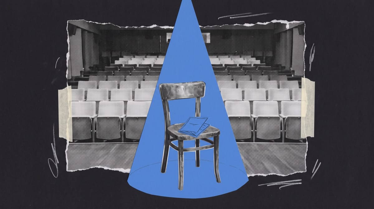Collage of an empty theatre seen from the stalls, a blue paper spotlight falling on a lone wooden chair at centre stage with a folded programme on its seat.