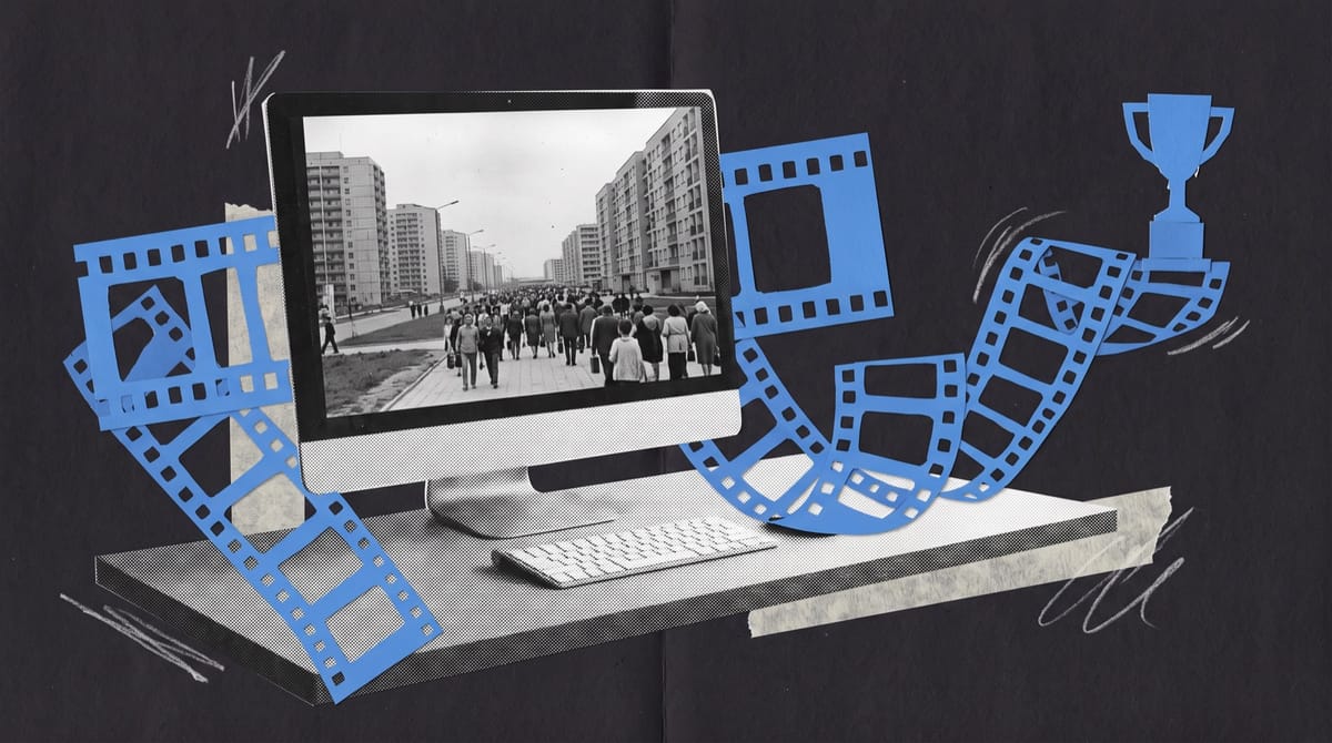Paper collage of an editing desk whose monitor shows an old photo of a crowded boulevard, with blue film-frame strips curling toward a small paper trophy.