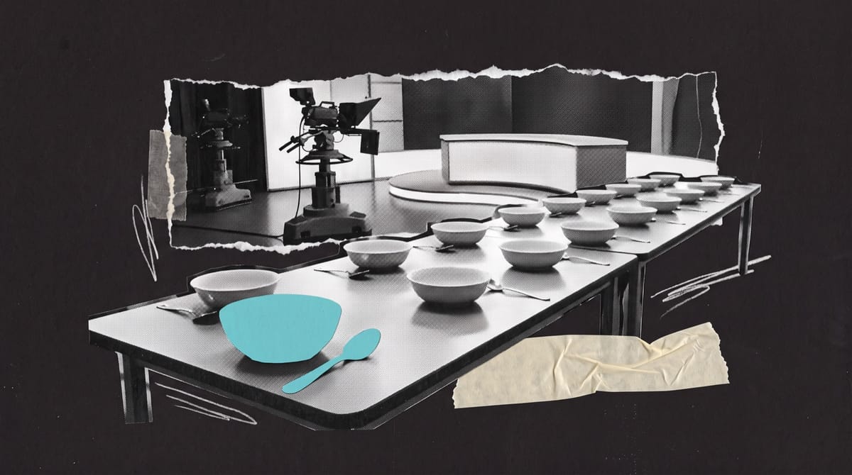 Paper collage of a long canteen table lined with identical soup bowls, the front bowl in cyan, before a torn strip showing an empty television studio with a camera.