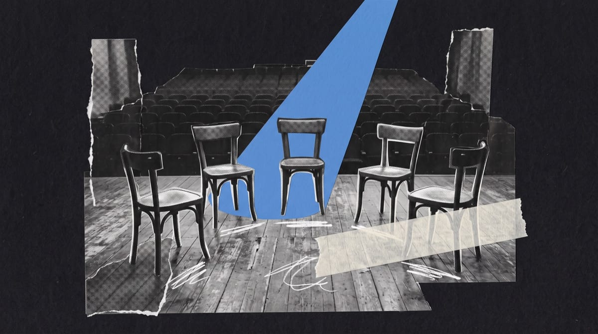 Collage of a bare rehearsal stage with five empty wooden chairs in a half circle, lit by a blue paper spotlight beam above an empty auditorium.