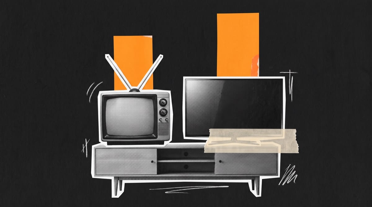 Paper collage of an old set-top antenna beside a flat television on a sideboard, with two orange paper chart bars above, the one over the television slightly taller.