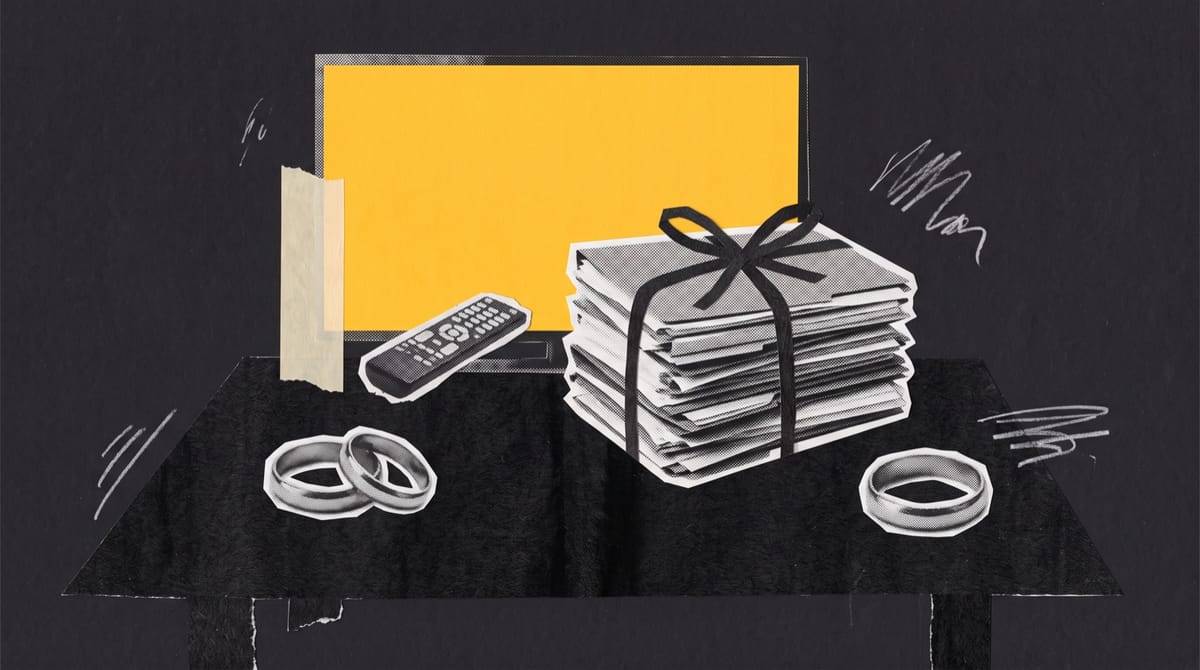 Paper collage of two wedding rings set apart on a boardroom table, a ribbon-tied stack of legal files between them, a yellow television screen and remote behind.