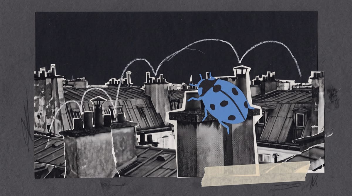 Collage of Paris rooftops at night with zinc roofs and chimney pots, an oversized blue paper ladybird perched on one chimney, and white pencil lines tracing a path between chimneys.