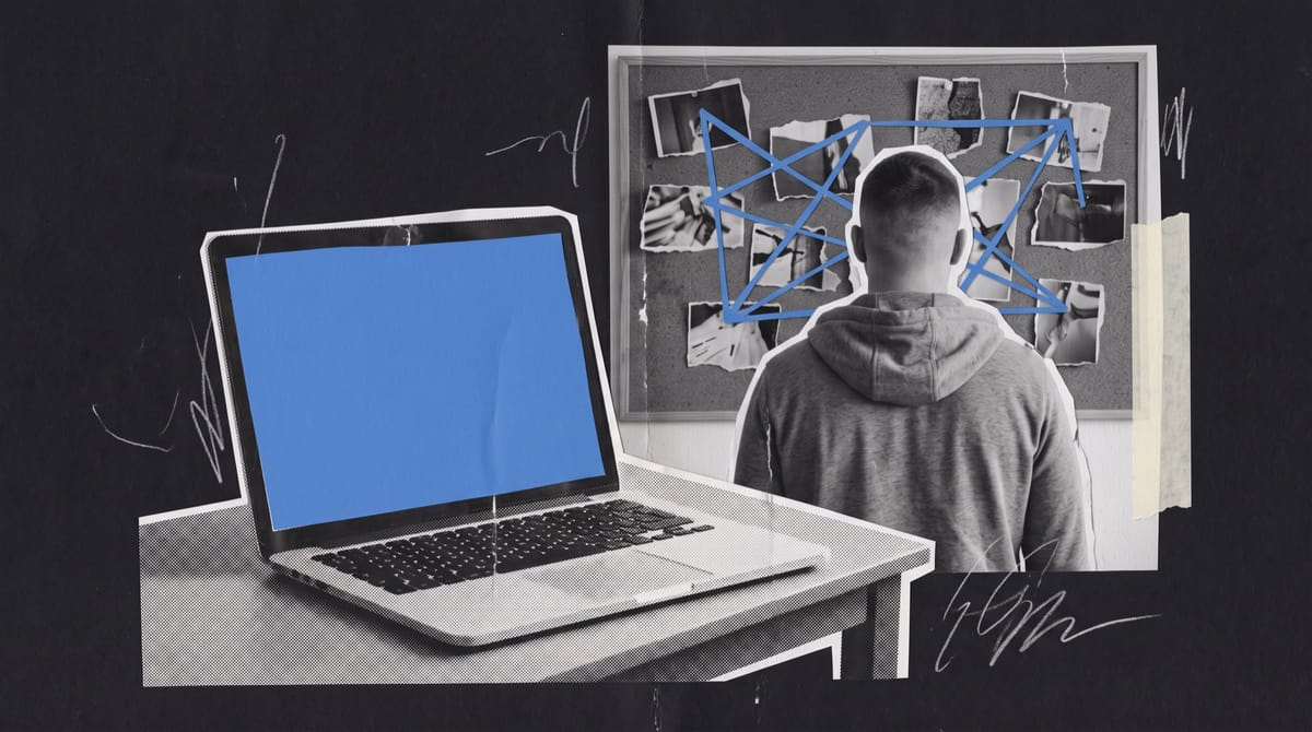 Collage of a laptop glowing blue on a kitchen table in a dark flat, with a young man seen from behind facing a cork board of photo scraps linked by blue threads.
